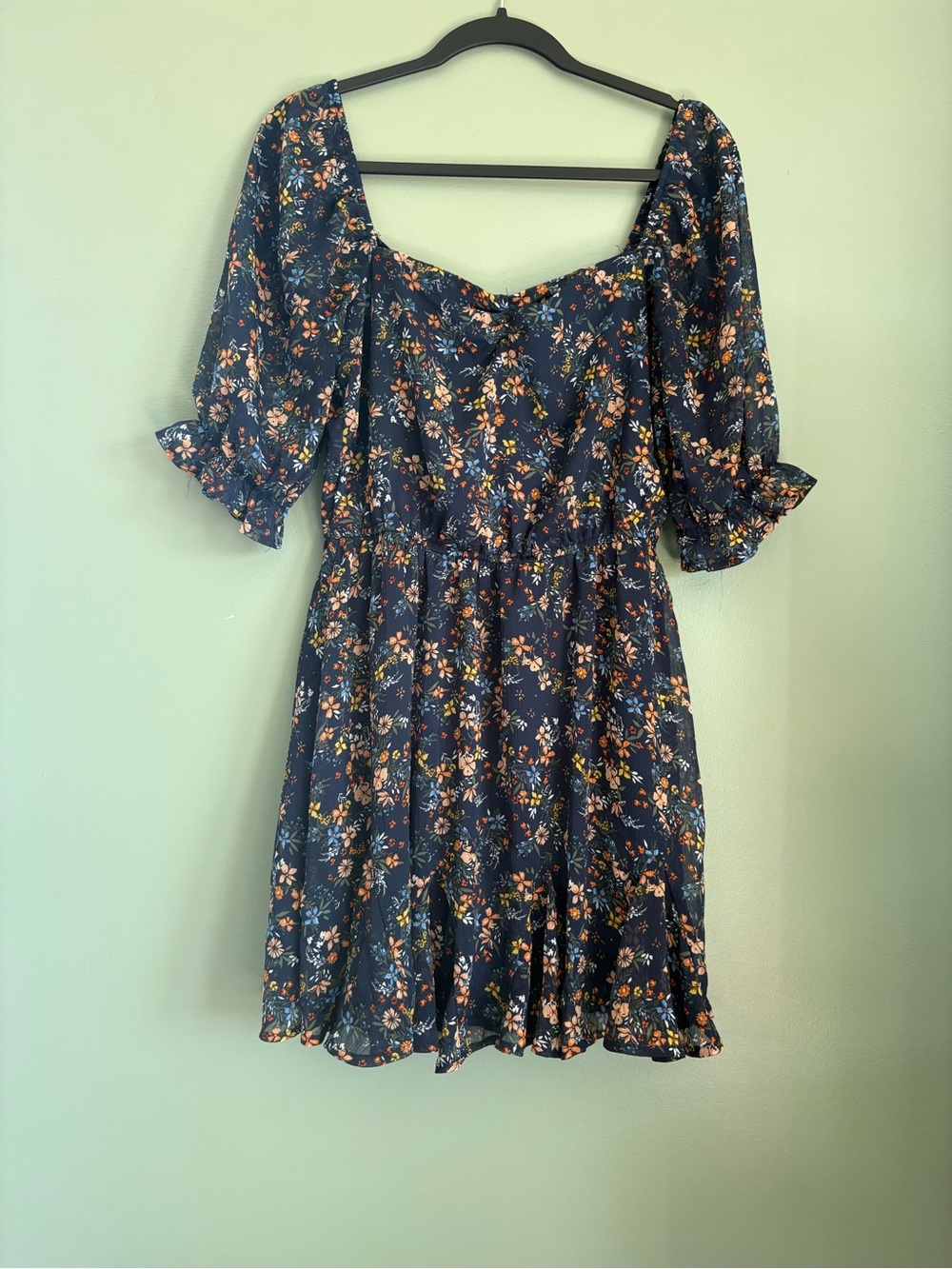 Trixxi Navy Floral Puff-Sleeve Mini Dressi